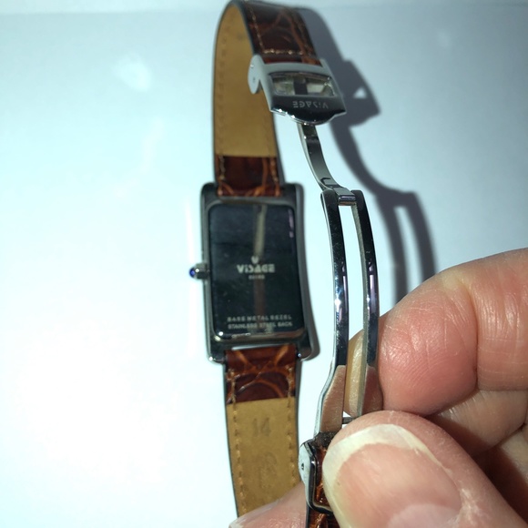 VISAGE Polished Nickel Scallop Face Brown Leather Vintage Analog Tank Watch EUC - Picture 10 of 16